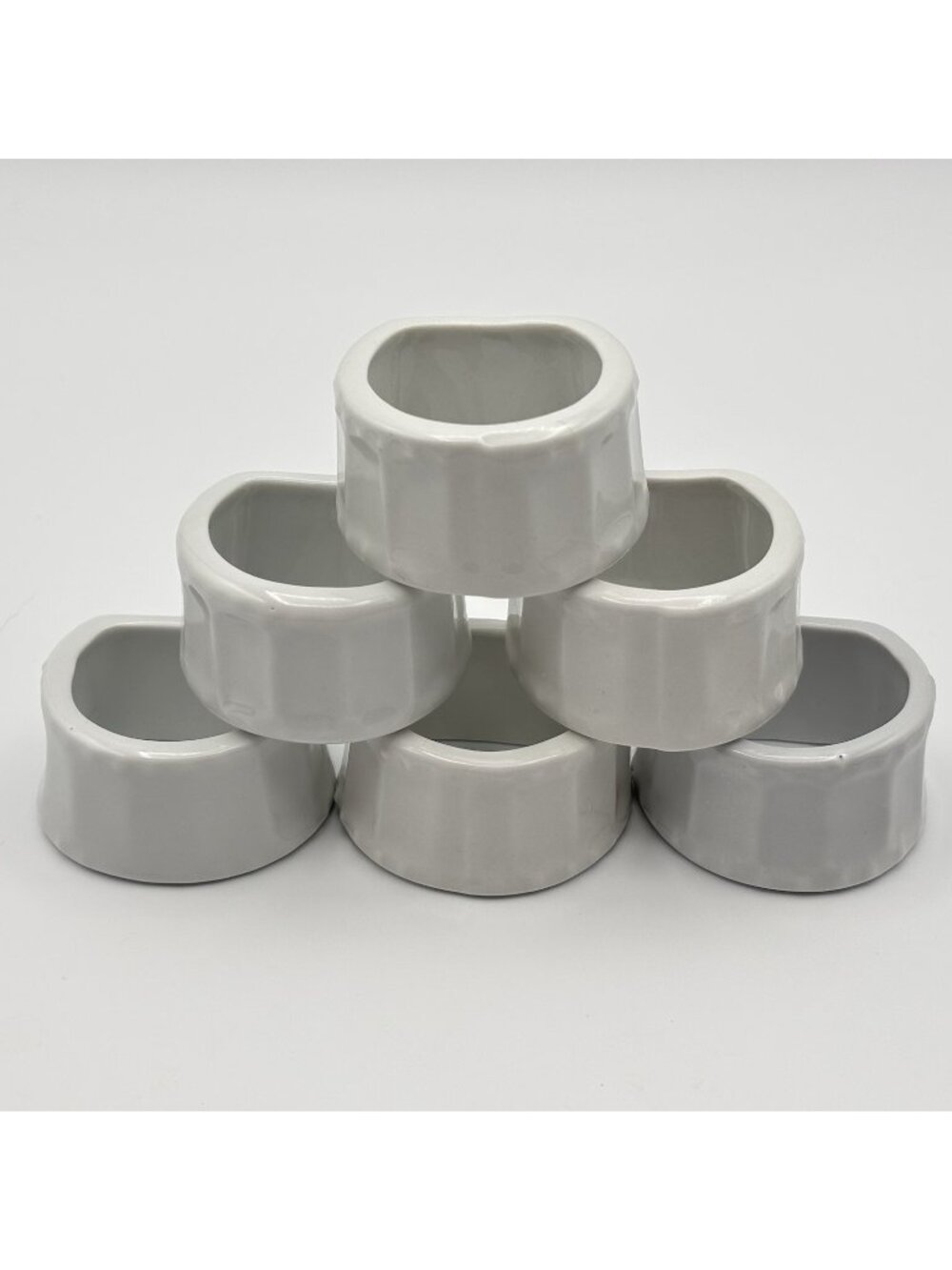 White Napkin Holder Rings Ceramic Ribbed Round Flat Bottom No Roll Decor 6 Set